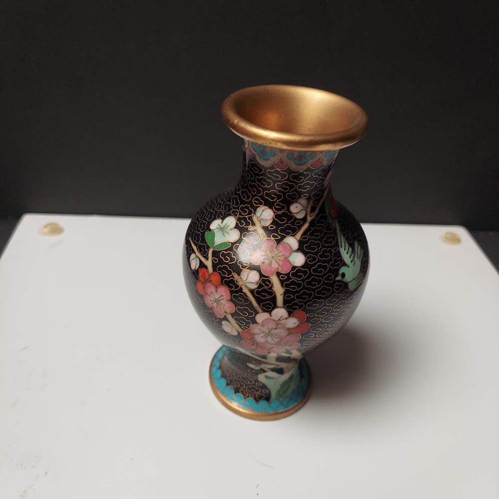 Mcm cloisonne desk vase black pink  flowers highest quality 5in made in china